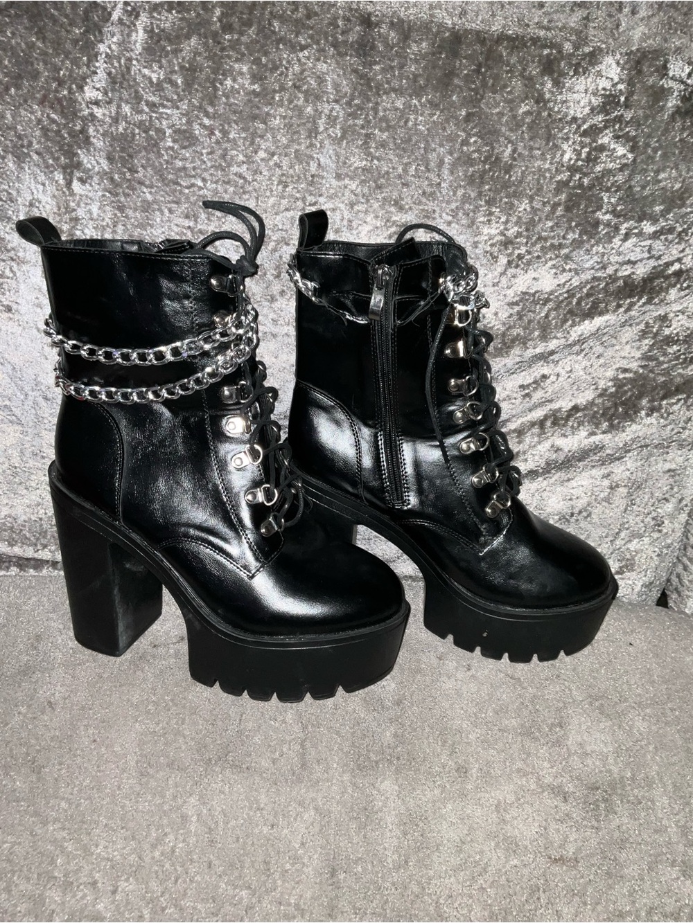Black Platform Lace-Up Ankle Boots with Chain Detail - Women